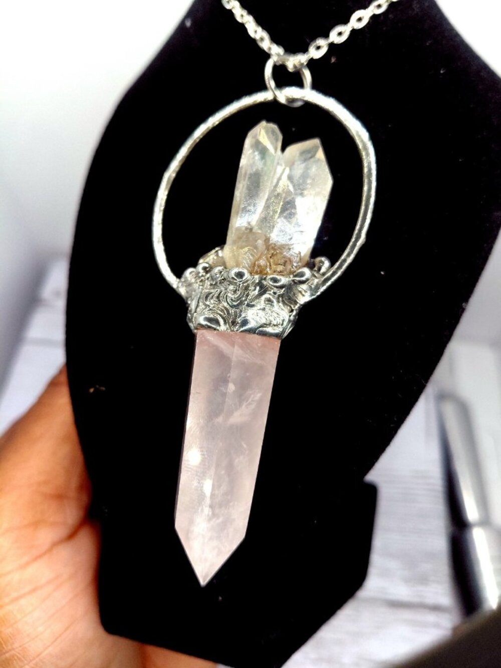 Rose quartz and aura quartz crystal statement Necklace